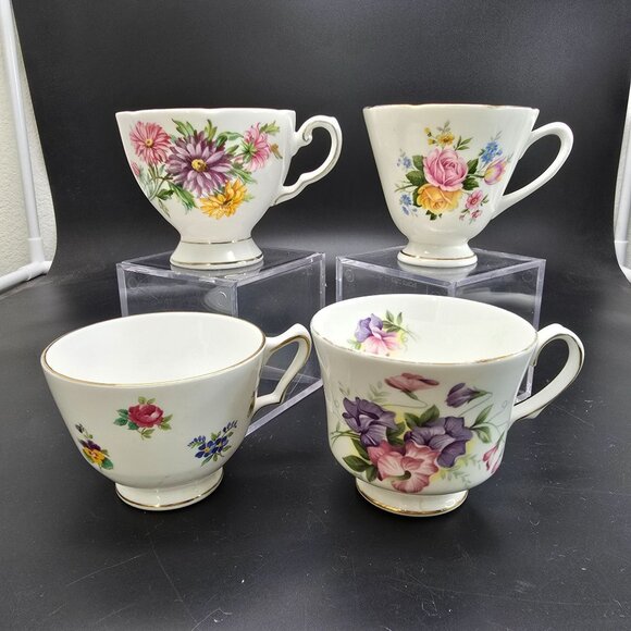 Vintage Set Of 4 Bone China Floral Teacups Eclectic Flowers JJ4096 - Picture 1 of 5